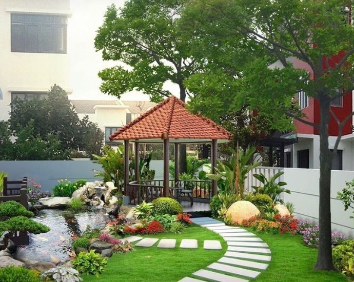 Mẫu nhà chòi đơn giản, nổi bật với mái ngói đỏ